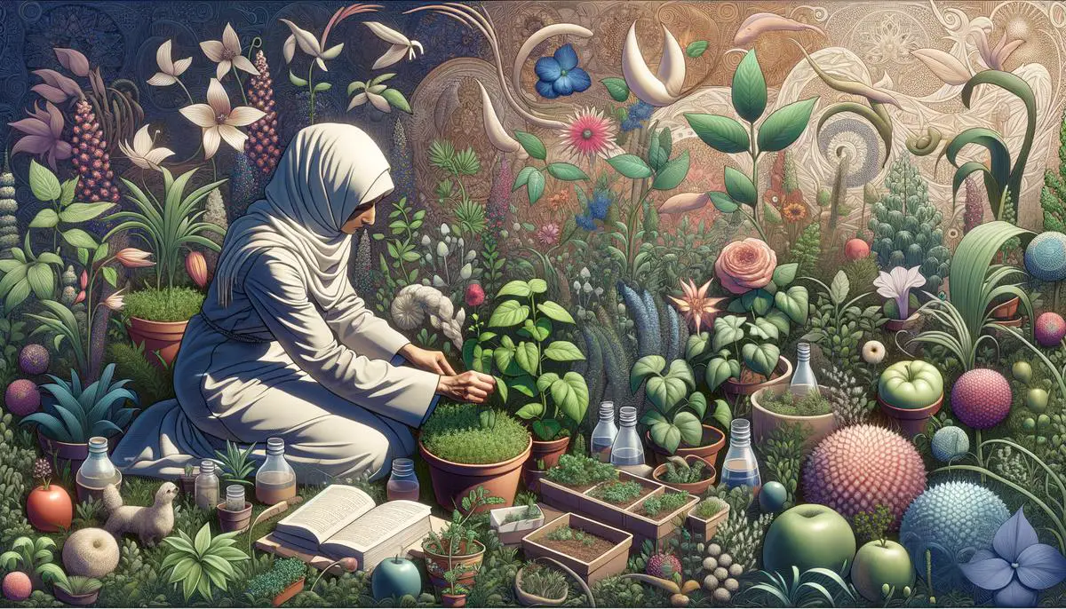 An illustration of a person tending to a lush, vibrant garden representing their social connections, with each plant symbolizing a relationship that grows stronger through acts of kindness and support.