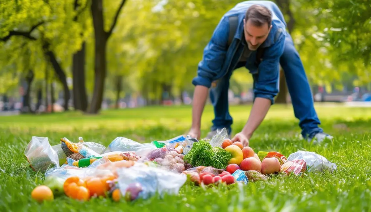 Scattered groceries on the grass in a park, with a man struggling to pick them up