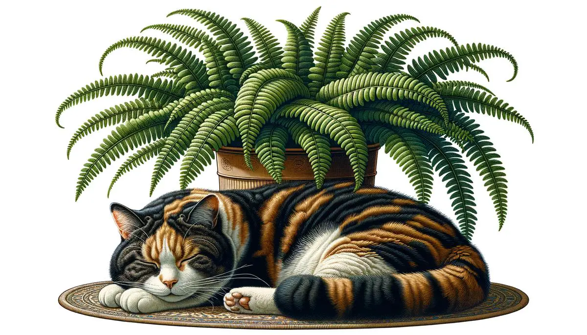 image of a contently purring cat and a lush, leafy fern to symbolize stress relief through interaction with pets and plants. Avoid using words, letters or labels in the image when possible.