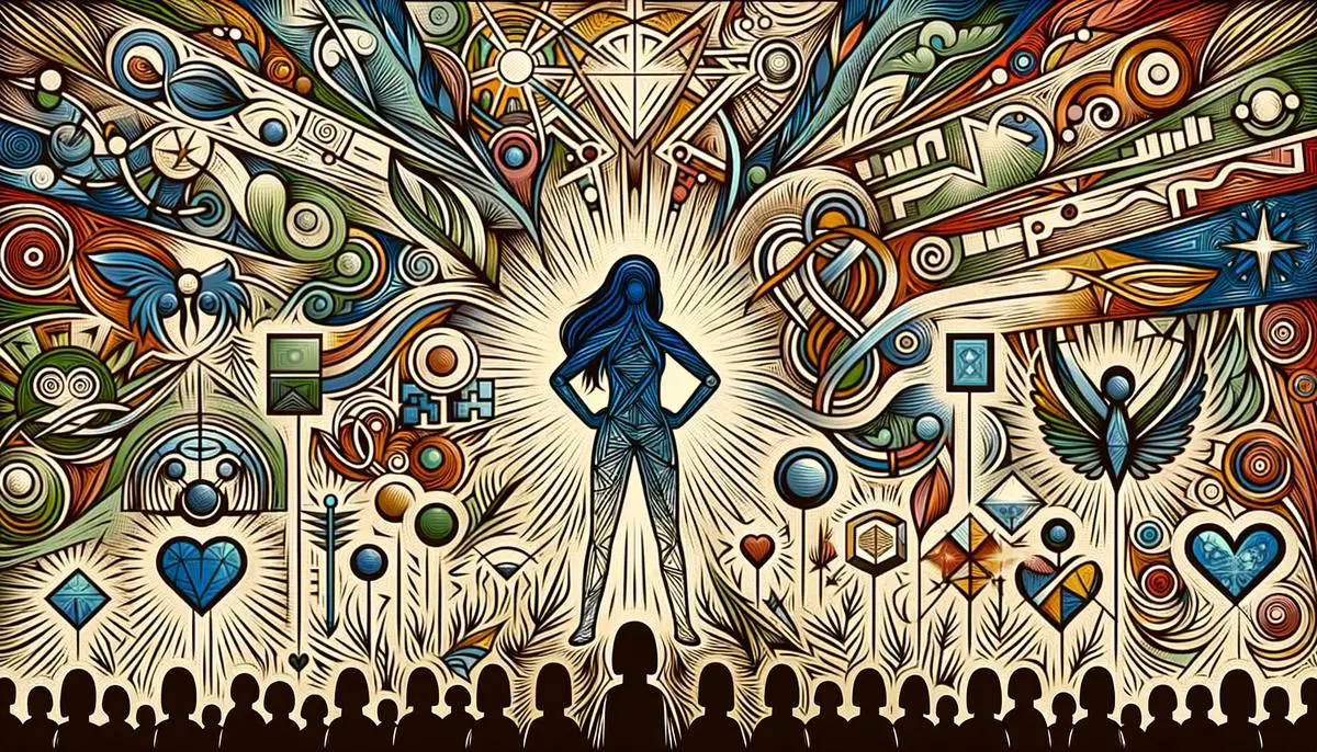 An illustration of a person standing strong and resilient amidst life's challenges, supported by a network of people and connections, represented by interlinking shapes and colors.