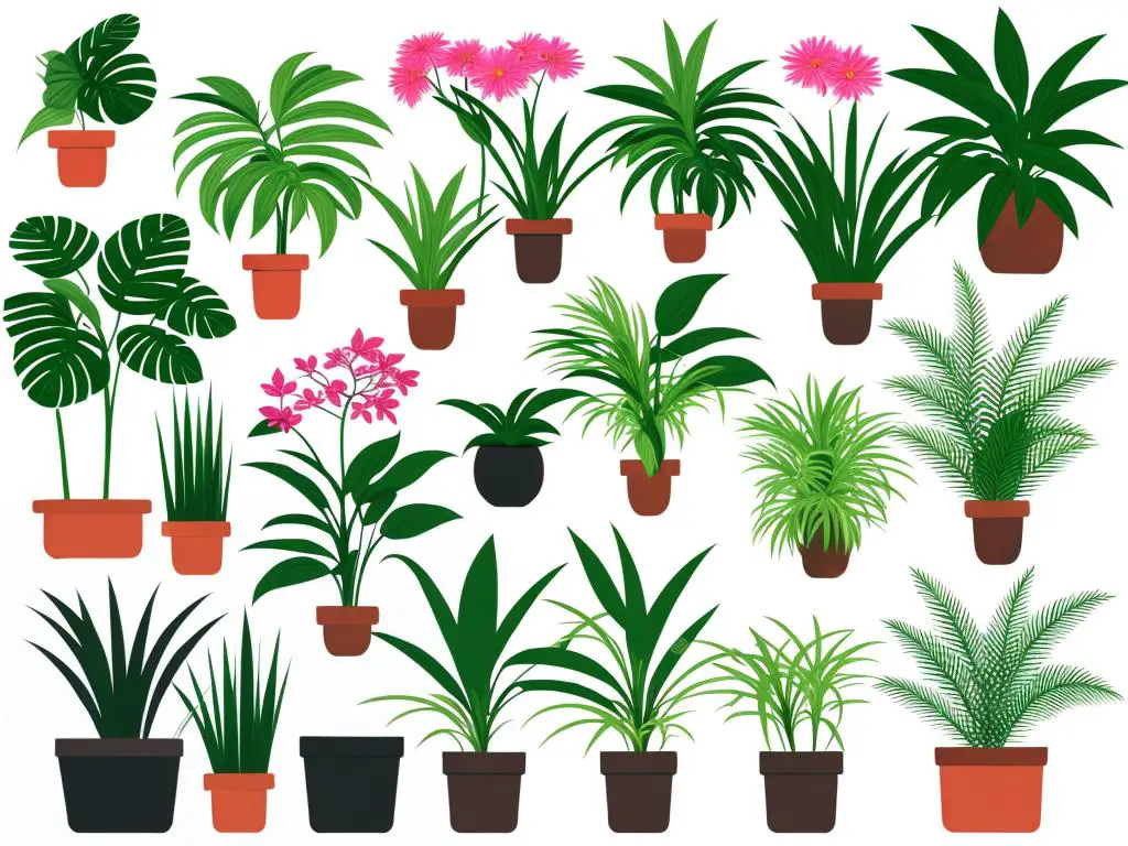 Illustration of various indoor houseplants with vibrant leaves and flowers.