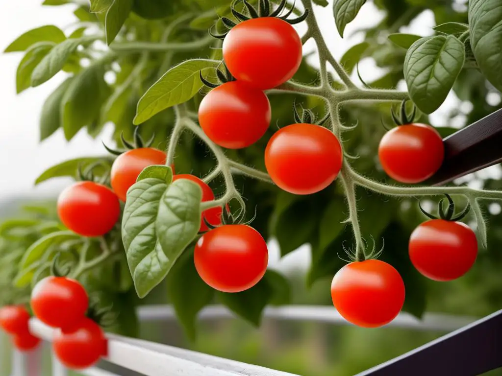 A image of juicy ripe tomatoes growing on a balcony garden