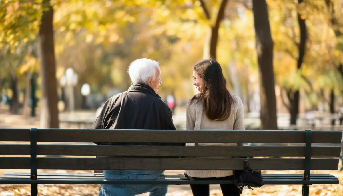 As the elderly man and young woman part ways at the park bench, a gentle smile and nod convey the profound impact of their brief yet meaningful encounter.