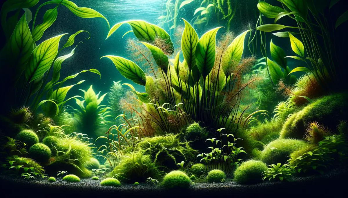 Image of Java Moss and Anubias plants, highlighting their importance in underwater terrariums. Avoid using words, letters or labels in the image when possible.