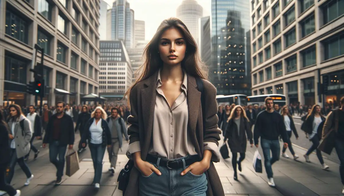 A young woman strides confidently through the city streets, her purposeful steps suggesting a quest for meaning amidst the urban landscape.